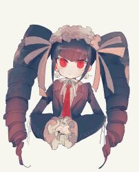  1girl :o black_hair black_jacket black_nails blush celestia_ludenberg commentary_request danganronpa:_trigger_happy_havoc danganronpa_(series) drill_hair earrings eyelashes fingernails frills hair_ribbon headdress highres jacket jewelry long_hair long_sleeves nail_polish neck_ribbon necktie oishiitigo open_clothes open_jacket open_mouth own_hands_together red_eyes red_necktie ribbon shirt simple_background slit_pupils solo twin_drills twintails white_background white_headdress white_ribbon white_shirt 