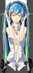  aqua_hair bridal_gauntlets closed_eyes eyes_closed hands_on_headphones hatsune_miku hatsune_miku_(append) headphones highres long_hair miku_append mushina_suzume necktie solo very_long_hair vocaloid vocaloid_append 