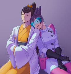  2girls ace_attorney aura_blackquill black_gloves brown_hair buttons closed_eyes coat commentary cone_hair_bun copyright_request crescent crescent_earrings double_bun earrings elbow_gloves english_commentary gloves gloves_over_sleeves hair_bun haori highres japanese_clothes jewelry kimono magatama magatama_necklace metis_cykes mole mole_on_neck multiple_girls necklace pantyhose phoenix_wright:_ace_attorney_-_dual_destinies pink_pantyhose purple_hair simple_background sitting sleeping white_coat white_haori yellow_kimono 