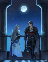  1boy 1girl absurdres against_wall armor beard black_armor black_cape black_hair braid cape clive_rosfield facial_hair final_fantasy final_fantasy_xvi full_moon grey_hair highres jill_warrick leather leather_vest long_hair looking_at_another low-tied_long_hair moon night scar scar_on_face single_braid smile tk_(tksnim) very_long_hair vest 