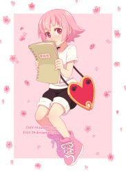  1girl black_shoes blush book border commentary dav-19 falling_flower flipped_hair flower heart holding holding_book invisible_chair pink_background pink_eyes pink_flower pink_hair pink_shoes shaman_king shirt shoes short_hair shy sitting sneakers solo tamamura_tamao web_address white_border white_shirt 