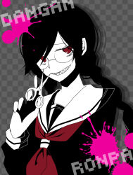  1girl black_hair black_shirt blood blood_splatter braid checkered_background collared_shirt copyright_name danganronpa:_trigger_happy_havoc danganronpa_(series) drop_shadow eyelashes fukawa_toko genocider_sho glasses grey_background grin hair_over_one_eye hayuru_(392_cha) holding holding_scissors holding_weapon long_hair long_sleeves neckerchief pink_blood red_eyes red_neckerchief sailor_collar scissors sharp_teeth shirt smile solo teeth third-party_source twin_braids twintails upper_body weapon white_sailor_collar 