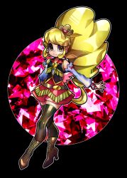  1girl belt black_background blonde_hair blonde_haired_cure_(bomber_girls_precure)_(happinesscharge_precure!) boots brown_belt brown_boots brown_eyes closed_mouth commentary_request cowboy_hat earrings english_commentary happinesscharge_precure! hat international_precure jewelry magical_girl mini_hat mixed-language_commentary precure red_skirt senmu_(0107) simple_background skirt smile solo thigh-highs 