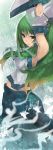  absurdres armpits arms_up bad_anatomy blue_eyes breasts butterfly detached_sleeves frog green_hair hair_ornament highres japanese_clothes kochiya_sanae large_breasts long_hair matcha_sou midriff miko snake solo touhou 