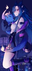  1girl black_choker black_jacket black_skirt blue_hair boots breasts choker cityscape commentary constellation constellation_hair_ornament dragon_girl dragon_horns dragon_tail fire flame-tipped_tail grey_horns high_heel_boots high_heels highres horns indie_virtual_youtuber jacket long_hair looking_at_viewer medium_breasts mozzu123 multiple_horns night purple_tail red_eyes shirt skirt standing standing_on_one_leg starry_hair strapless strapless_shirt tail vienna_(3rd_costume)_(vtuber) vienna_(vtuber) virtual_youtuber 