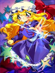  1girl :o back_bow bilingual_commentary black_shoes blonde_hair blue_background blush bow buttons collared_dress commentary commission commissioner_upload contrast_collar dress english_commentary frilled_dress frills full_body hat highres long_hair looking_at_viewer maribel_hearn mary_janes mixed-language_commentary mob_cap neck_ribbon outstretched_arm purple_background purple_dress red_bow red_ribbon retro_artstyle ribbon s_sya_rin shoes skeb_commission socks solo star_(symbol) textless_version touhou violet_eyes white_bow white_hat white_socks 