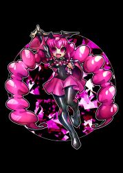  1girl bad_end_happy bad_end_precure black_background black_bodysuit bodysuit commentary_request earrings english_commentary fingerless_gloves gloves jewelry mixed-language_commentary open_mouth pink_eyes pink_hair precure senmu_(0107) simple_background smile smile_precure! solo twintails 