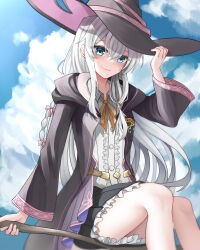  1girl absurdres bare_shoulders black_hat black_robe black_shoes black_skirt blue_eyes bow braid broom broom_riding center_frills collared_shirt commentary_request elaina_(majo_no_tabitabi) frilled_skirt frills hair_between_eyes hair_bow hat highres holding long_hair long_sleeves looking_at_viewer majo_no_tabitabi neck_ribbon off_shoulder open_clothes open_robe pink_bow pink_ribbon pleated_skirt ribbon riding robe shirt shoes side_braid sign single_braid single_off_shoulder skirt sleeveless sleeveless_shirt smile smilent solo teeth white_hair white_shirt witch witch_hat yellow_ribbon 