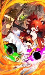  1girl ahoge animal_ear_hairband animal_ears asymmetrical_gloves bare_shoulders bear_ear_hairband bear_ears black_gloves breasts crop_top elbow_gloves evuu eyepatch fake_animal_ears fingerless_gloves fire flame_print gloves hair_between_eyes hairband hammer highres jumpsuit jumpsuit_around_waist koleda_belobog long_hair looking_at_viewer midriff open_mouth pants red_eyes red_hair sharp_teeth single_elbow_glove small_breasts teeth twintails white_pants zenless_zone_zero 