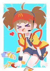  >_< 1girl absurdres ahoge back_bow badge blue_background blue_necktie blue_shorts border bow brown_hair button_badge chicken_nuggets collared_shirt contrast_collar dress_shirt drinking_straw emphasis_lines employee_uniform english_commentary fang fast_food fast_food_uniform headset heart highres imadake_dabuchi_tabemi kneeling long_sidelocks mcdonald's necktie noxtwice open_mouth outline red_visor_cap shirt short_hair shorts sidelocks solo spill striped_clothes striped_shirt tasuki twintails vertical-striped_clothes vertical-striped_shirt visor_cap white_border white_outline white_shirt wrist_cuffs yellow_happi 