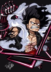  1boy abs black_background black_hair clenched_hands clenched_teeth gear_fourth gear_fourth:_snakeman hagoromo hair_up haki_(one_piece) highres male_focus missing_tooth monkey_d._luffy one_piece red_shirt red_shorts scar scar_on_chest shawl sherumaru_(korcht06) shirt shorts signature simple_background solo teeth 