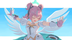  1girl :d absurdres aqua_hair aqua_streaks aria_(human)_(zenless_zone_zero) aria_(zenless_zone_zero) blush breasts bridal_gauntlets center_frills closed_eyes collarbone commentary dress fingerless_gloves frills gloves hair_between_eyes halo heart highres medium_breasts multicolored_hair open_mouth outstretched_arms pink_gloves pink_hair quad_tails sidelocks smile solo spread_arms star-shaped_pupils star_(symbol) streaked_hair symbol-shaped_pupils thunnus_270 untranslatable_commentary upper_body white_bridal_gauntlets white_dress zenless_zone_zero 