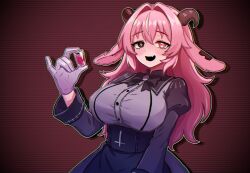  1girl animal_ears asymmetrical_horns backward-facing_horns bell bell_bow black_liquid black_mouth blush bow bowtie breasts cross cross_in_eye demon_girl drooling english_commentary fang femme_soule gloves goat_horns hair_intakes heart heterochromia highres horns inverted_cross large_breasts liquid liquid_from_mouth long_hair long_sleeves looking_at_viewer mismatched_horns multicolored_eyes notched_ear onequart open_mouth outline pink_eyes pink_hair pink_liquid puffy_sleeves pukey_goddess_shot_trick saliva skin_fang solo upper_body white_gloves white_outline 