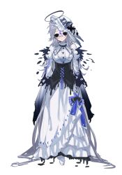  1girl aotsuki_eito arms_at_sides black_eyes black_sclera bow breasts chinese_commentary closed_mouth colored_sclera commentary_request corset crescent_print dress facial_mark forehead_mark frilled_hat frilled_sleeves frills full_body genderswap genderswap_(mtf) glasses grey_hair halo hat hat_bow highres holding juliet_sleeves large_breasts long_dress long_hair long_sleeves looking_at_viewer mahou_shoujo_no_majo_saiban parody puffy_sleeves purple_bow shoes simple_background smile solo standing textless_version the_hundred_line_-last_defense_academy- white_background white_dress white_hat white_shoes wings xiaozhao_aki 
