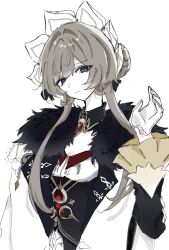  1girl black_collar black_sleeves blue_eyes bonnet brown_hair c4t_wolf closed_mouth coat collar commentary detached_collar dress fatui_coat fur-trimmed_coat fur_trim genshin_impact gloves hair_ornament highres long_sleeves looking_at_viewer sandrone_(genshin_impact) short_hair_with_long_locks simple_background solo untranslatable_commentary upper_body white_background white_coat white_gloves white_headdress 