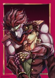  1boy 1other armor black_coat black_gloves black_hair black_hat bracelet chain coat colored_skin commentary_request earrings fingerless_gloves gakuran gloves green_eyes grey_shirt grey_skin hat high_collar highres hug hug_from_behind jewelry jojo_no_kimyou_na_bouken kujo_jotaro long_sleeves male_focus muscular_other pauldrons peaked_cap riposutokikaku school_uniform shirt shoulder_armor stand_(jojo) star_platinum stardust_crusaders tiara twitter_username 