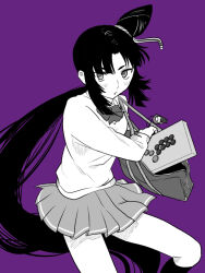  1girl arcade_stick bag blush bow bowtie commentary_request controller curtains floating_hair game_controller hair_bun holding holding_controller holding_game_controller joystick long_hair looking_at_viewer melty_blood melty_blood:_type_lumina metarogu monochrome official_alternate_costume plaid_clothes plaid_skirt school_uniform shoulder_bag side_ponytail sidelocks single_hair_bun skirt socks solo souya_high_school_uniform sweater tsukihime tsukihime_(remake) ushiwakamaru_(fate) 