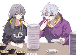  1boy 1girl ahoge alternate_costume black_hoodie blue_eyes bowl bubbles_(honkai:_star_rail) casual character_print closed_mouth commentary_request eating facing_viewer food french_fries grey_hair hair_between_eyes holding holding_food holding_plate honkai:_star_rail honkai_(series) hood hoodie long_hair looking_at_another lower_teeth_only neck_tattoo open_mouth phainon_(honkai:_star_rail) plate plate_stack purple_hoodie satorigame simple_background sitting stelle_(honkai:_star_rail) sushi tattoo teeth trailblazer_(honkai:_star_rail) twitter_username upper_body white_background white_hair yellow_eyes 