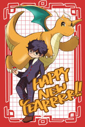  1boy amamiya_ren black_hair black_jacket brown_shoes claws closed_mouth commentary_request crossover dragon dragonite glasses hair_between_eyes happy_new_year highres holding holding_poke_ball horns jacket kinoshita_aki long_sleeves looking_at_viewer no_humans pants persona persona_5 plaid_clothes plaid_pants poke_ball poke_ball_(basic) pokemon pokemon_(creature) school_uniform shirt shoes short_hair shuujin_academy_school_uniform single_horn tail white_shirt wings 