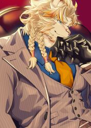  absurdres animal_ears astosis_(live_a_hero) beard black_gloves blue_shirt braid chair closed_mouth commentary facial_hair from_side gloves grey_suit grey_vest highres lion_boy lion_ears lion_mane live_a_hero looking_to_the_side multicolored_hair n0dakan necktie orange_necktie pinstripe_pattern pinstripe_suit pinstripe_vest profile shirt sitting smile suit twin_braids upper_body vest 