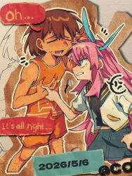  1boy 1girl anger_vein aubrey_(faraway)_(omori) aubrey_(omori) blue_eyes blue_hairband blue_skirt brown_hair clenched_teeth closed_eyes collarbone dark-skinned_male dark_skin dated denim denim_skirt english_text hairband highres huasuan69416 jacket kel_(faraway)_(omori) kel_(omori) long_hair looking_at_another lower_teeth_only omori open_clothes open_jacket orange_shorts pink_hair short-sleeved_jacket short_sleeves shorts skirt speech_bubble spoken_anger_vein sweatdrop teeth tongue white_jacket 