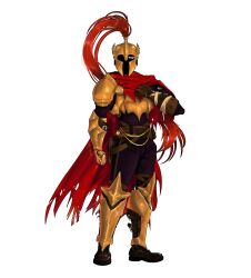  1boy arm_guards armor breastplate brown_gloves cape corinthian_helmet d3rlord3 facing_viewer full_body gloves hand_on_own_chest highres knight male_focus red_cape searching_for_a_world_that_doesn't_exist shoulder_armor slickver_draws solo standing torn_cape torn_clothes 
