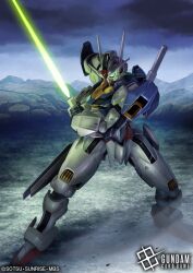  bit_(gundam) clouds cloudy_sky copyright_logo copyright_name energy_sword english_commentary english_text funnels_(gundam) glowing glowing_eyes gundam gundam_aerial gundam_card_game gundam_suisei_no_majo hi-go! holding holding_beam_saber holding_sword holding_weapon humanoid_robot logo mbs mecha mechanical_arms mechanical_legs mountain mountainous_horizon no_humans official_art pixiv robot scene_reference sky sunrise_(company) sword v-fin weapon 