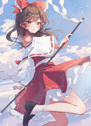  1girl absurdres bare_shoulders black_shoes blue_sky bow brown_eyes brown_hair clouds cloudy_sky commentary_request day detached_sleeves frilled_hair_tubes frilled_skirt frills from_side gohei hair_bow hair_tubes hakurei_reimu highres holding holding_gohei long_hair red_bow red_shirt red_skirt ribbon-trimmed_sleeves ribbon_trim shirt shoes skirt sky socks solo touhou white_socks wide_sleeves ww333v 
