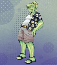  1boy averythemayo belt cargo_pants colored_skin dreadlocks floral_print full_body green_skin grin hand_on_own_hip hawaiian_shirt highres looking_at_viewer male_focus monster_boy pants sandals searching_for_a_world_that_doesn't_exist shirt short_hair slime_boy smile solo starshineknight undershirt white_shirt 