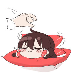  1girl 1other :3 blush bow brown_hair closed_eyes commentary_request cushion disembodied_hand expressive_clothes frilled_bow frilled_hair_tubes frills hair_bow hair_tubes hakurei_reimu long_hair psuke red_bow smile touhou yukkuri_shiteitte_ne zabuton 