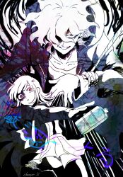  1boy 1girl bottle commentary danganronpa_(series) danganronpa_2:_goodbye_despair evil_grin evil_smile grin hair_over_one_eye jacket komaeda_nagito messy_hair mitsumame0810 monochrome nanami_chiaki open_clothes open_jacket partially_shaded_face rope short_hair skirt smile spoilers third-party_source throwing 