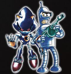  2boys animal_ears bender_bending_rodriguez black_background claws clenched_teeth colored_sclera commentary crossover energy_gun full_body futurama goggles gun highres holding holding_gun holding_weapon humanoid_robot looking_at_viewer mamono_world mecha metal_sonic multiple_boys no_humans non-humanoid_robot open_hand pointy_nose red_eyes retro_artstyle robot robot_animal simple_background sonic_(series) teeth traditional_media weapon yellow_eyes 