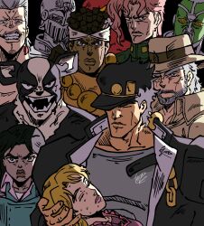  2girls 6+boys absurdres beard black_hair blonde_hair brown_eyes brown_hair chain clenched_teeth closed_eyes closed_mouth coat cowboy_hat crying dark-skinned_male dark_skin dog earrings evil_grin evil_smile facial_hair fedora frown gakuran grey_hair grin hand_on_another's_head hat headband hierophant_green highres iggy_(jojo) jacket jean_pierre_polnareff jewelry jojo_no_kimyou_na_bouken joseph_joestar joseph_joestar_(old) kakyoin_noriaki kujo_holy kujo_jotaro lipstick looking_at_viewer magician's_red makeup mask meme mohammed_avdol multiple_boys multiple_girls mustache no_eyebrows old old_man open_mouth pink_hair pink_lips red_hair runaway_girl_(jojo) school_uniform shirt silver_chariot smile stand_(jojo) stardust_crusaders sweat tears teeth thick_lips toji_feet_lover viltrumite_group_shot_(meme) white_hair 