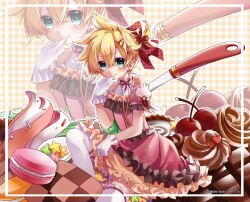  1boy alalen blonde_hair blush bow brown_dress checkered_bow checkered_clothes cherry chocolate closed_mouth crossdressing crossdressing_(mtf) dress earrings food fruit gloves hair_bow high_ponytail highres ice_cream icing jewelry kagamine_len macaron multicolored_dress orange_dress pink_dress ponytail red_bow short_hair short_ponytail smile solo sprinkles thigh-highs trap utensil vocaloid white_dress white_gloves white_thighhighs 