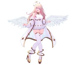  1girl absurdres angel bare_shoulders blonde_hair blue_eyes breasts commentary dress english_commentary feather_hair_ornament feathered_wings feathers full_body gold_shoes hair_ornament halo hestia_happiness high_heels highres indie_virtual_youtuber jacket large_breasts long_hair looking_at_viewer mozzu123 multicolored_hair open_mouth pink_hair shoes smile standing star_(symbol) streaked_hair thick_thighs thigh-highs thighs virtual_youtuber white_background white_dress white_jacket white_thighhighs wings 