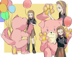 2girls aged_down balloon bang_dream! bang_dream!_it's_mygo!!!!! black_shirt black_socks border brown_hair brown_skirt chihaya_anon hairband highres long_hair multiple_girls nagasaki_soyo onesie outside_border shiba257 shirt short_hair skirt socks time_paradox v white_border yellow_hairband 
