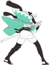  1girl commentary_request fate/grand_order fate_(series) floating_clothes from_behind full_body green_haori haori holding holding_sword holding_weapon japanese_clothes kimono obi okita_souji_(fate) okita_souji_(koha-ace) okita_souji_(third_ascension)_(fate) sandals sash scarf short_kimono solo stirrup_legwear sword thigh-highs to_fuoisii toeless_legwear weapon 