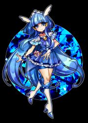  1girl aoki_reika black_background blue_eyes blue_hair blue_ribbon boots closed_mouth commentary_request cure_beauty english_commentary hair_tubes high_heel_boots high_heels magical_girl mixed-language_commentary precure ribbon senmu_(0107) simple_background smile smile_precure! solo two-tone_bow 