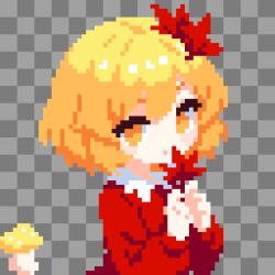  1girl aki_shizuha blonde_hair commentary_request dress hair_ornament highres leaf leaf_hair_ornament long_sleeves pixel_art red_eyes shirt short_hair skirt smile takeez3 touhou yellow_eyes 