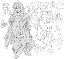  1boy 2girls ? ?? ahoge baseball_bat blush book breasts camera chain choker closed_mouth coat collarbone collared_shirt covered_mouth cowboy_shot crossed_bangs dan_heng_(honkai:_star_rail) dan_heng_(hunt)_(honkai:_star_rail) earrings english_commentary english_text flower_ornament from_side gloves hair_between_eyes half-closed_eyes hand_on_another's_waist highres holding holding_baseball_bat holding_book honkai:_star_rail honkai_(series) huge_ahoge jacket jewelry lapels long_hair long_skirt long_sleeves looking_at_another looking_at_object looking_at_viewer majunjuu march_7th_(honkai:_star_rail) march_7th_(preservation)_(honkai:_star_rail) medium_breasts monochrome multiple_girls open_book open_clothes open_jacket open_mouth pocket_watch reading shirt short_hair sidelocks simple_background single_earring sketch skirt smile speech_bubble spoken_question_mark standing stelle_(honkai:_star_rail) sweat t-shirt tied_jacket trailblazer_(honkai:_star_rail) upper_body watch yuri 