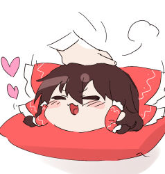 1girl 1other blush bow brown_hair closed_eyes commentary_request cushion disembodied_hand expressive_clothes frilled_bow frilled_hair_tubes frills hair_bow hair_tubes hakurei_reimu headpat heart long_hair open_mouth psuke red_bow smile touhou yukkuri_shiteitte_ne zabuton 