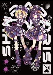  2girls ayaponzu_(shinra-bansho) ayo_(shinra-bansho) black_background black_bow black_hat black_leg_warmers black_necktie black_shoes black_skirt black_vest blonde_hair bow collared_shirt commentary_request crinoline fishnet_pantyhose fishnets frilled_skirt frilled_thigh_strap frills full_body green_eyes hair_bow hat heart heart-shaped_pupils highres kyouda_suzuka leg_warmers long_hair long_sleeves looking_at_viewer multiple_girls necktie open_mouth pantyhose second-party_source shinra-bansho shirt shoes single_leg_pantyhose skirt smile symbol-shaped_pupils thigh_strap vest white_bow white_shirt wide_sleeves 