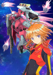  1girl beam_cannon beam_rifle blue_eyes cable char's_counterattack commentary_request energy_gun funnels_(gundam) glowing glowing_eye gundam gundam_zz highres in-franchise_crossover jagd_doga_quess_custom lens_flare looking_at_viewer mecha military_rank_insignia mobile_suit nebula neo_zeon one-eyed orange_hair puru_two reki_(reki13c) robot science_fiction shield space spacesuit star_(sky) thrusters weapon zero_gravity 