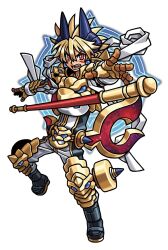  1boy armor black_boots black_pants black_shirt blonde_hair blue_horns boots earrings fang floating floating_object floating_weapon gauntlets gloves gold_armor gold_gloves gold_trim hagoromo hair_between_eyes harakawa_mitsuhiro horns jewelry knee_pads magic_circle mark_under_eye maxius multicolored_pants multicolored_shirt official_art open_mouth pants pointy_ears red_eyes shawl shinrabanshou shirt short_hair solo teeth third-party_source transparent_background white_pants white_shirt 