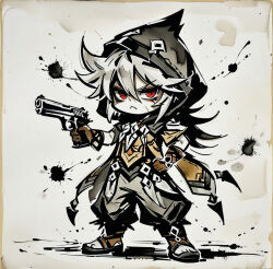 1boy ah_san genshin_impact hood long_hair pistol razor_(genshin_impact) serious