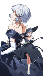  1girl absurdres alternate_costume alternate_hairstyle arm_behind_back bare_shoulders black_dress black_hat blue_eyes blue_hair blunt_tresses chinese_commentary closed_mouth commentary_request dress elbow_gloves genshin_impact gloves hair_ornament hand_up hat highres jewelry kamisato_ayaka looking_at_viewer multiple_views necklace parted_lips shoes short_hair simple_background smile standing sylvia_(huajiuhuajiu) white_background white_gloves white_shoes 