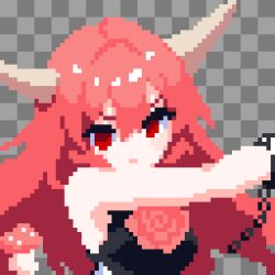  1girl breasts chain commentary_request cuffs flower highres horns ibaraki_douji_(touhou) ibaraki_kasen large_breasts long_hair looking_at_viewer oni pink_eyes pink_hair pixel_art red_eyes rose shackles shirt sleeveless solo tabard takeez3 touhou 