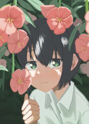  1girl absurdres akts625 androgynous black_hair bush close-up closed_mouth collared_shirt commentary dress_shirt eyelashes flower foliage green_eyes hair_between_eyes hibiscus highres holding holding_flower kino_(kino_no_tabi) kino_no_tabi light_smile looking_at_viewer pink_flower portrait romaji_commentary shirt short_hair smile solo tomboy very_short_hair white_shirt 