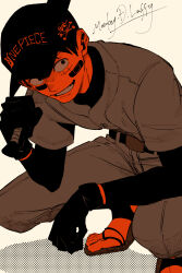  1boy bandaid bandaid_on_cheek bandaid_on_face baseball_bat baseball_cap baseball_uniform belt black_hat character_name commentary_request copyright_name grin hat highres holding holding_baseball_bat larugo0513 looking_at_viewer male_focus monkey_d._luffy one_piece pants sandals scar scar_on_cheek scar_on_face smile sportswear squatting white_pants 