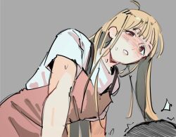  2girls ahoge apron blonde_hair blush brown_eyes cho_kaguya-hime! commentary grey_background highres kaguya_(cho_kaguya-hime!) long_hair multiple_girls open_mouth pink_apron pom_dovu sakayori_iroha shirt short_sleeves solo_focus untranslatable_commentary white_shirt 